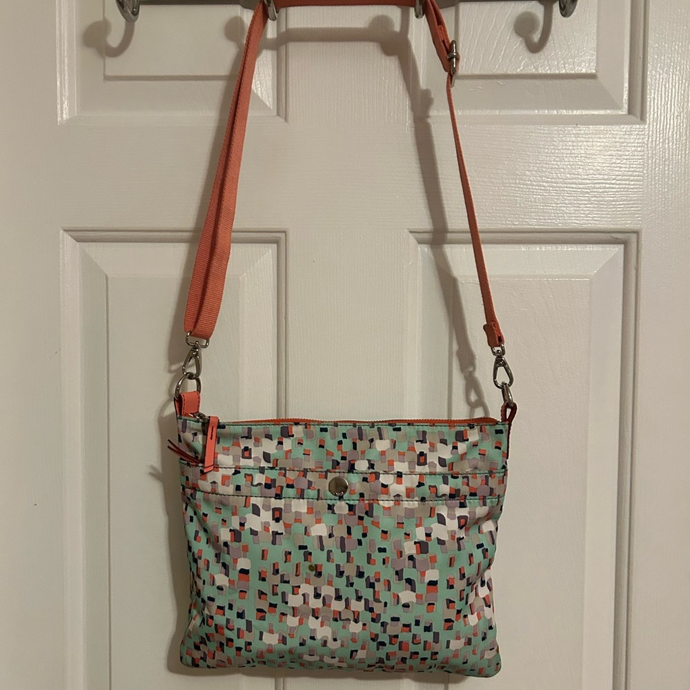Fossil KeyPer crossbody bag geometric print Mint Multi-Color with Coral Strap